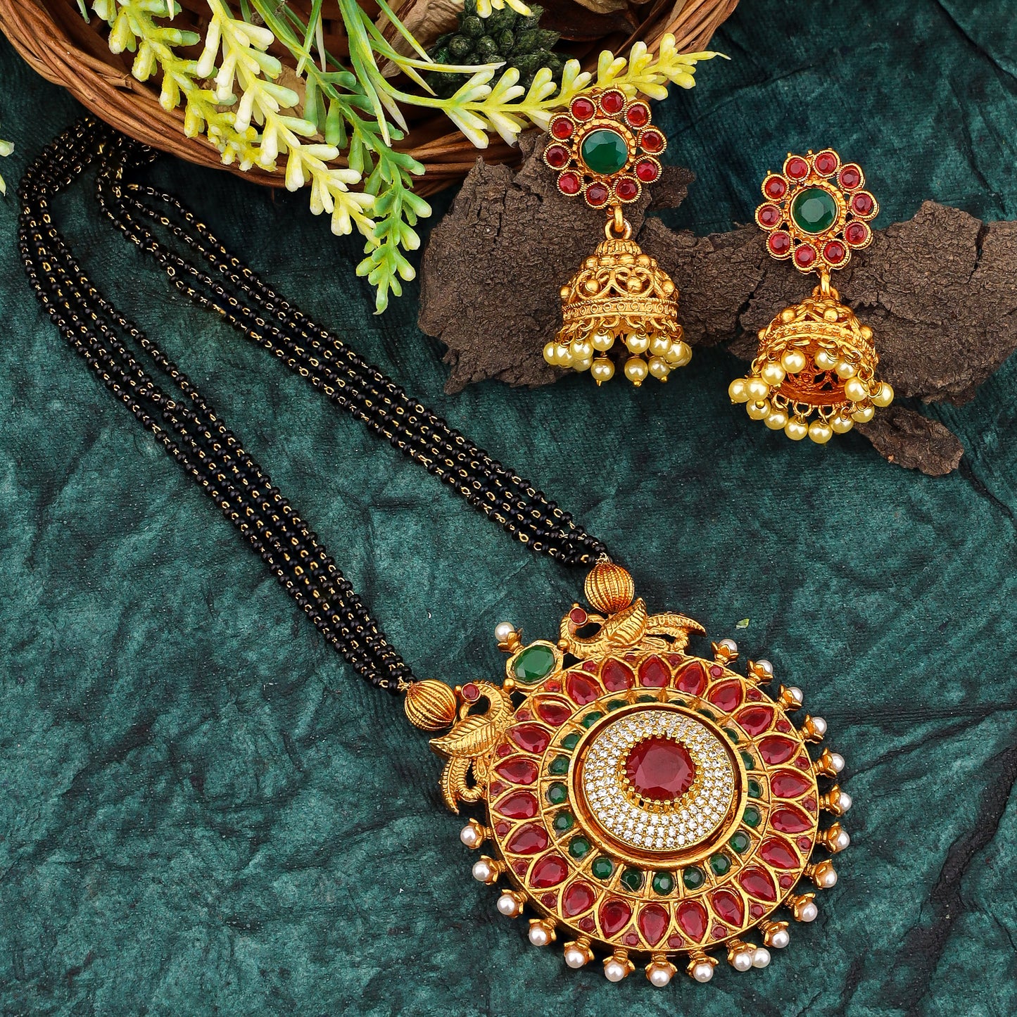 Traditional Indian Mangalsutra with Red and Green Stones