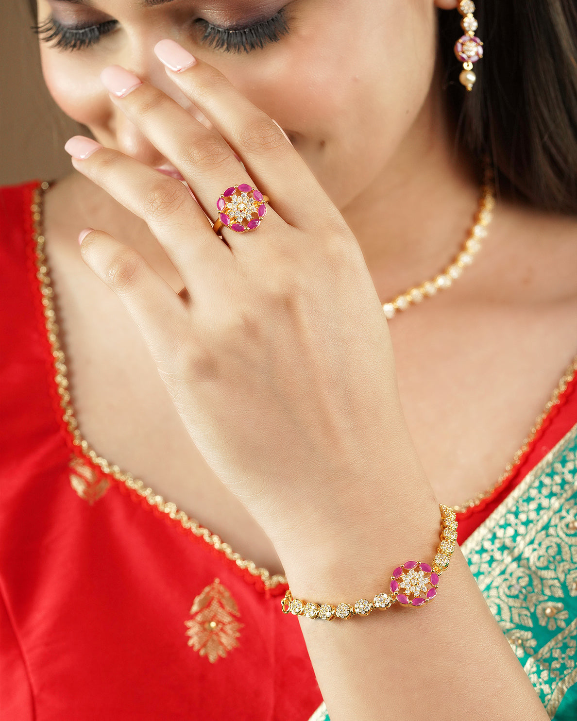 Sparsh Combo of Neckset Earrings Braclet and Adjustable Ring with Ruby Stones