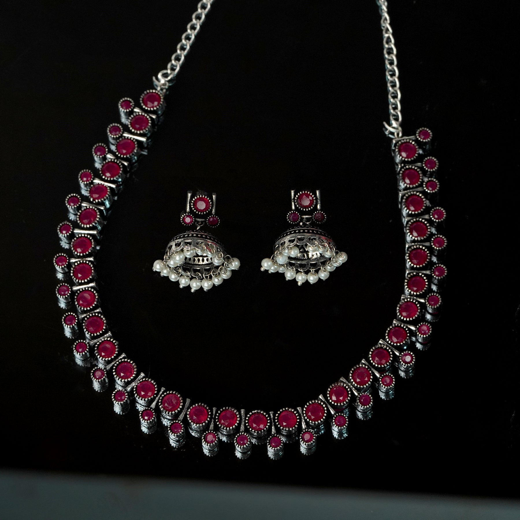 Sparsh Ruby oxidised single stone elgaant necklace with jhumki
