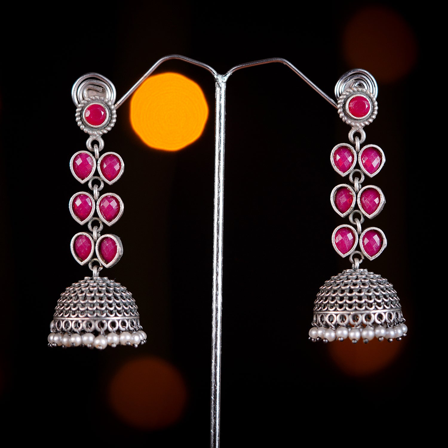Sparsh Radiant Ruby: Handcrafted Hanging Jhumki Earrings in Deep Red