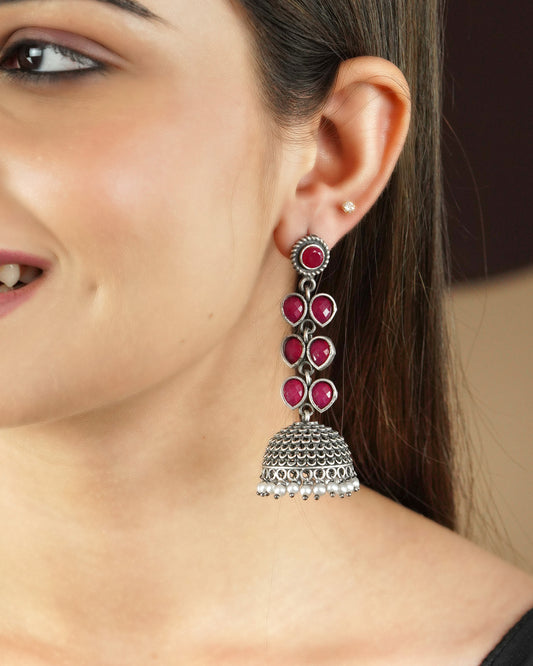 Sparsh Radiant Ruby: Handcrafted Hanging Jhumki Earrings in Deep Red