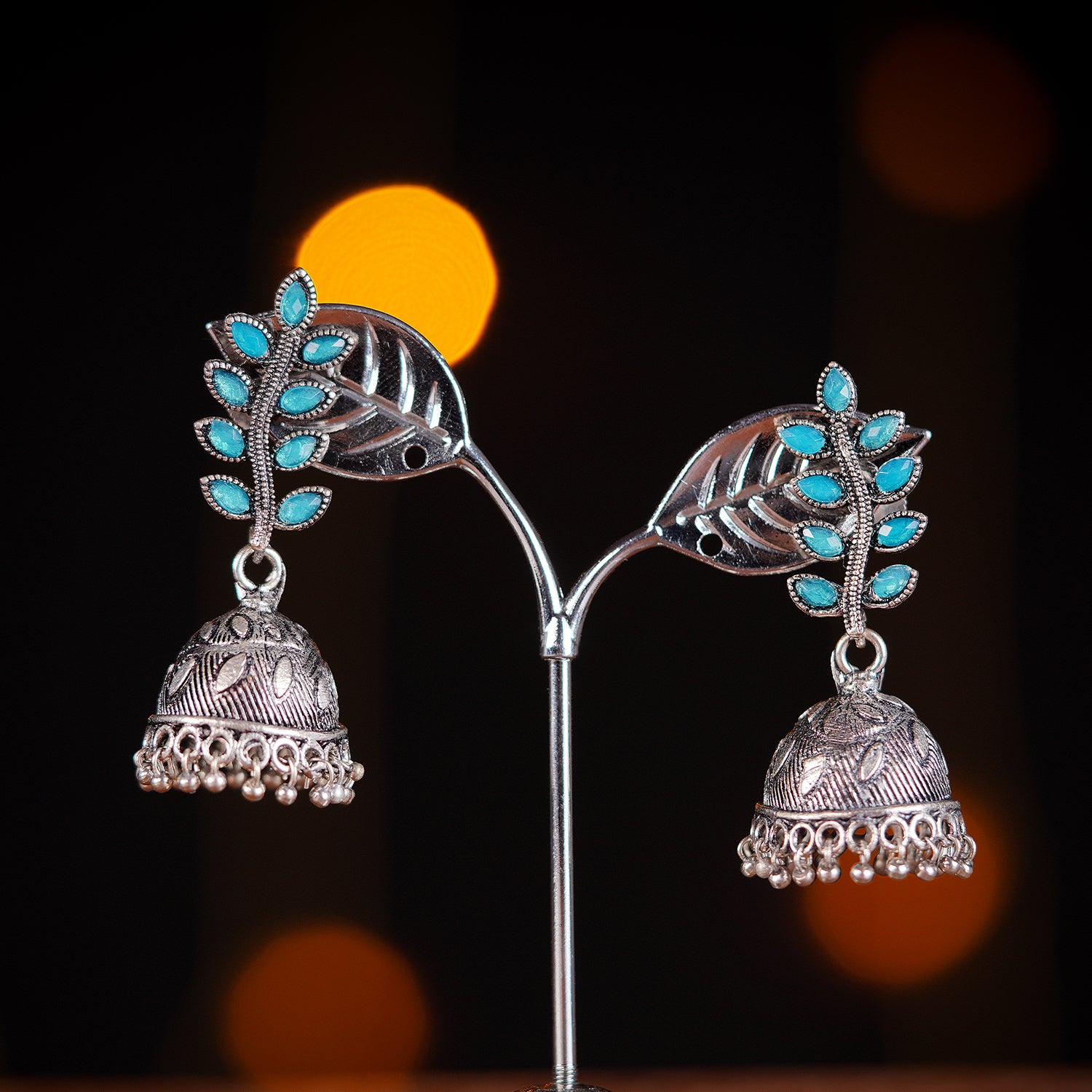 Sparsh "Silver Jhumki with Blue Leaf Design for Delicate Beauty"