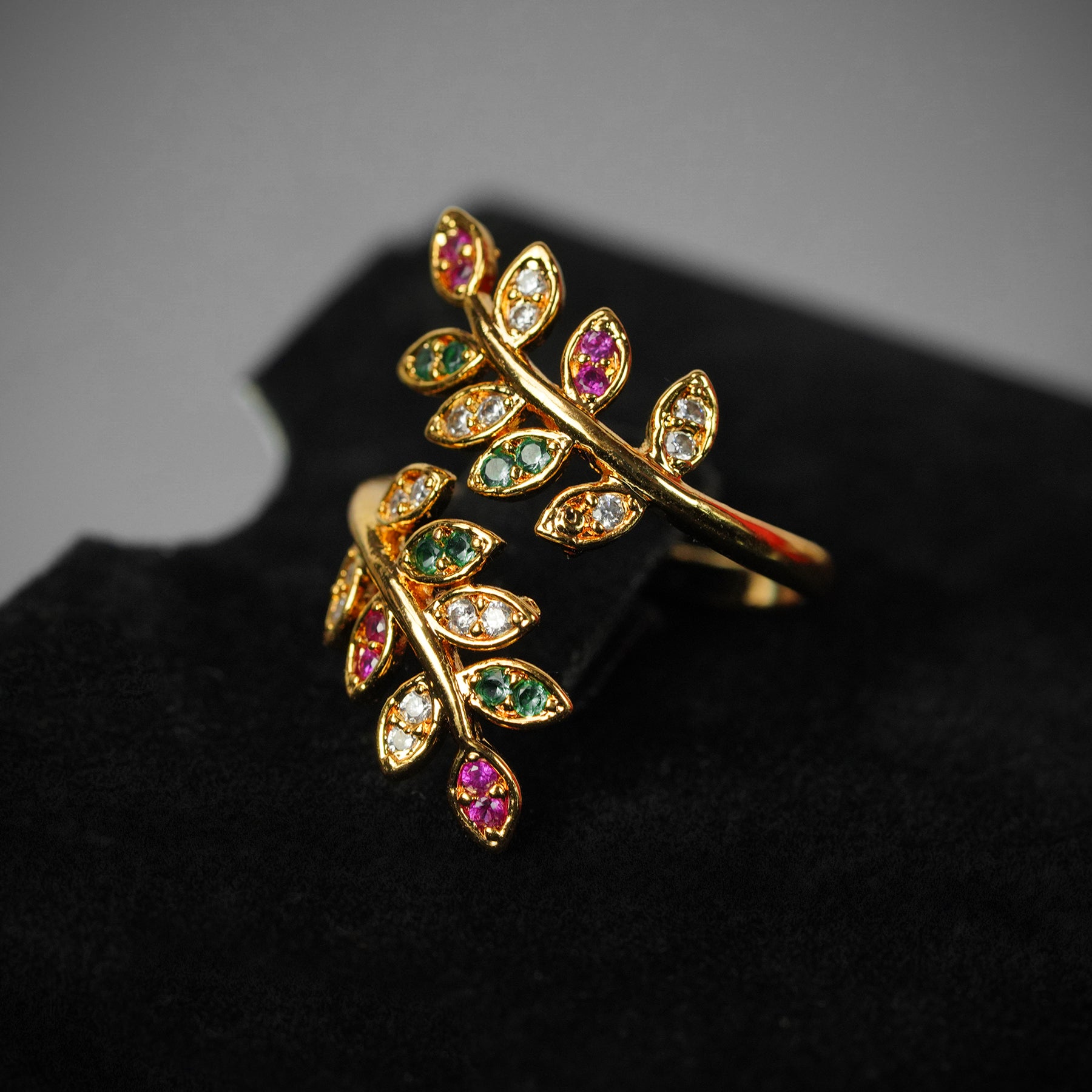 Peacock shaped adjustable gold plated ring in cz -
