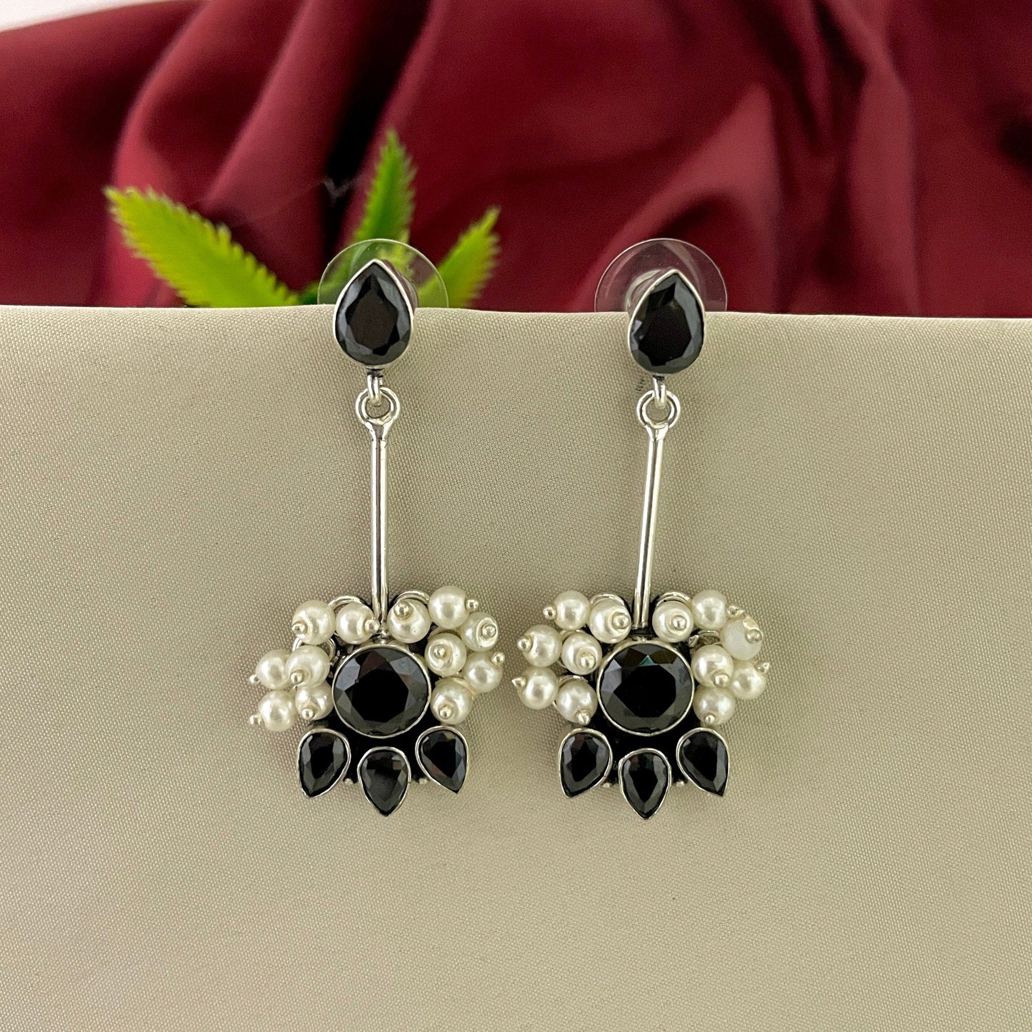 Sparsh "Black Hanging Earrings with Moti Embellishments"