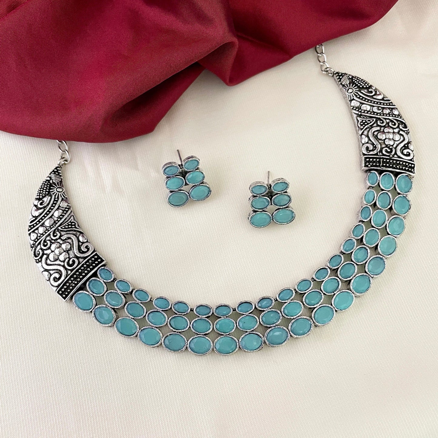 Sparsh Turqouise Blue 3 line Stone Necklace with Earrings