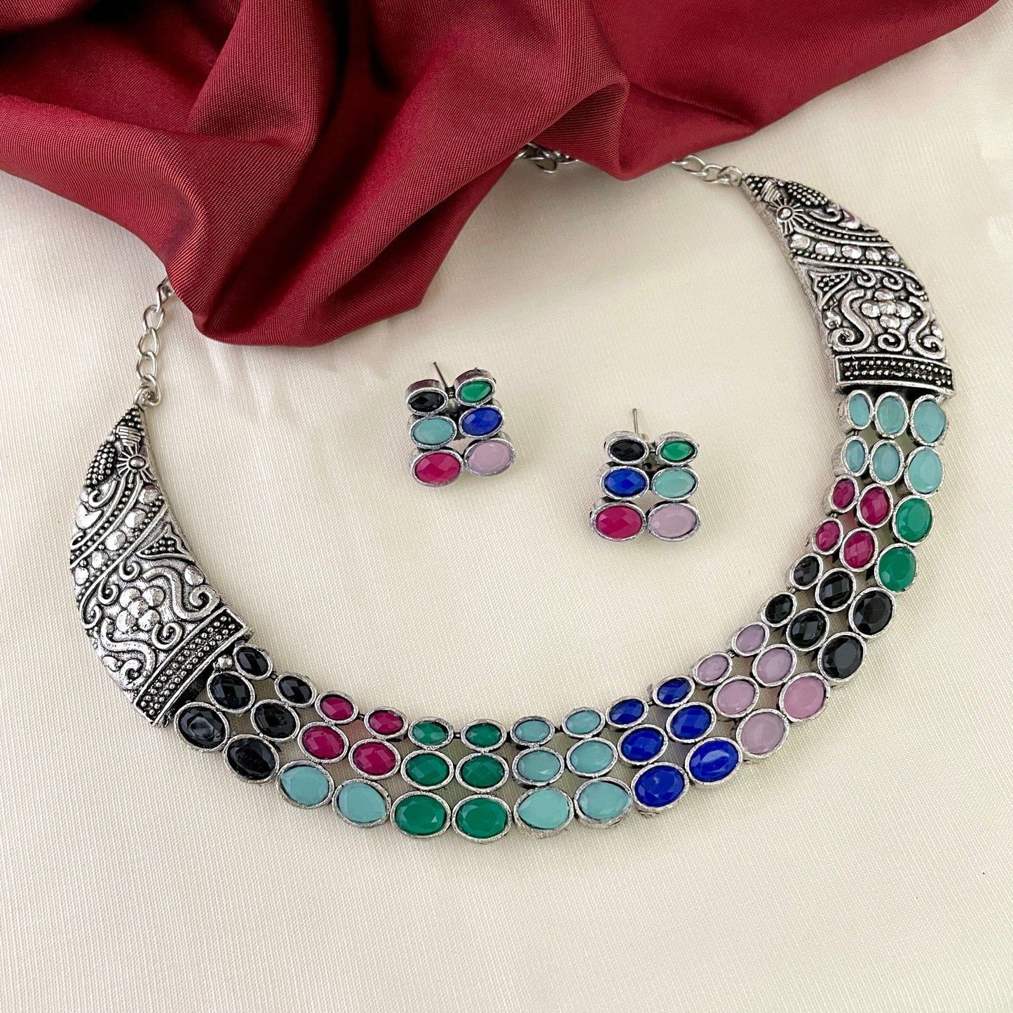 Sparsh Multicolour 3 line Stone Necklace with Earrings
