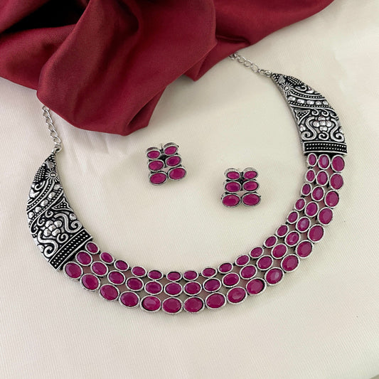 Sparsh Ruby 3 line Stone Necklace with Earrings