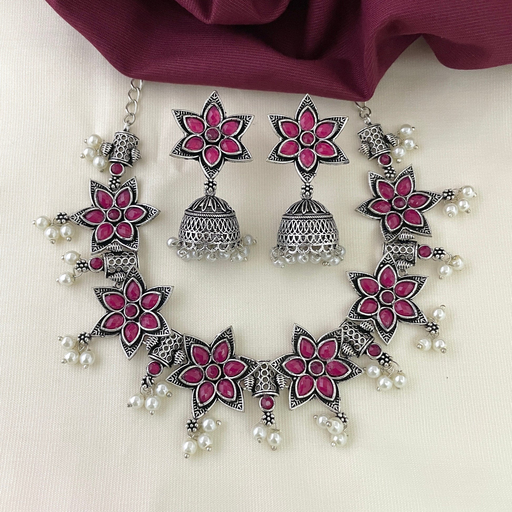 Sparsh "Oxidized Necklace with Ruby Flower Design"