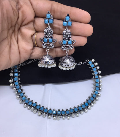 Sparsh Oceanic Elegance: Blue Necklace with Hanging Blue Earrings Set