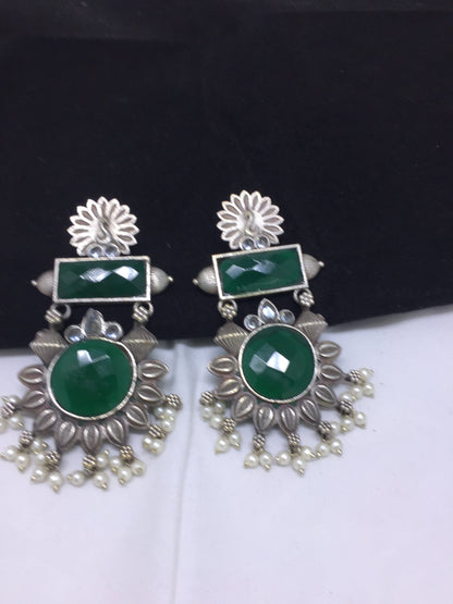 Sparsh Vintage Glam: Handcrafted Oxidized Big Green Hanging Jhumki Earrings
