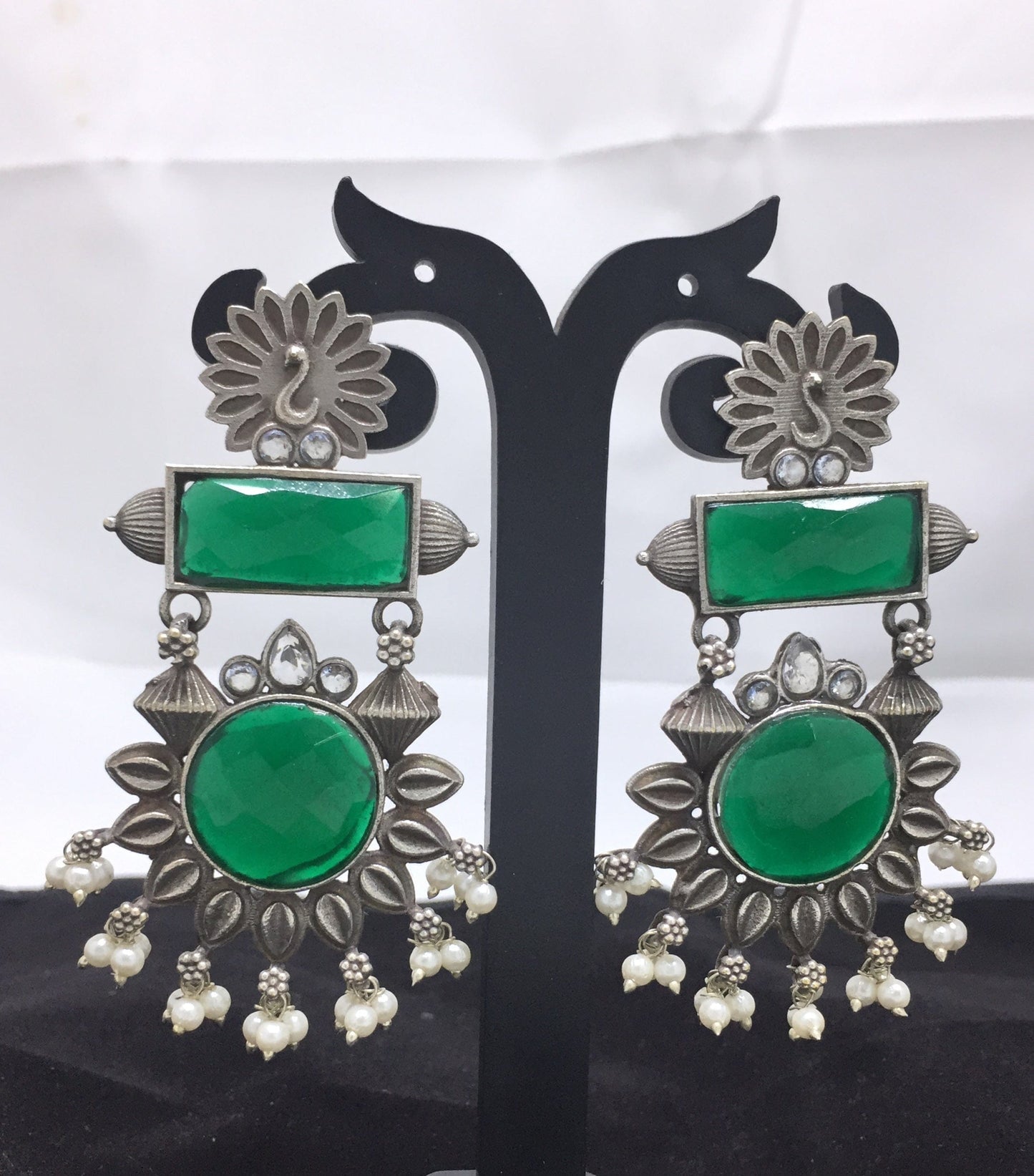 Sparsh Vintage Glam: Handcrafted Oxidized Big Green Hanging Jhumki Earrings