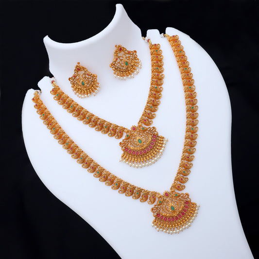 Traditional gold plated temple jewelry set featuring intricate designs, including matching earrings, perfect for festive occasions and celebrations.