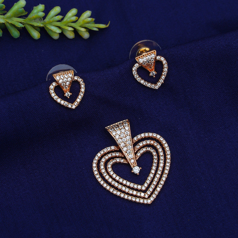 Elegant gold-plated heart-shaped pendant and earrings set adorned with sparkling crystals.