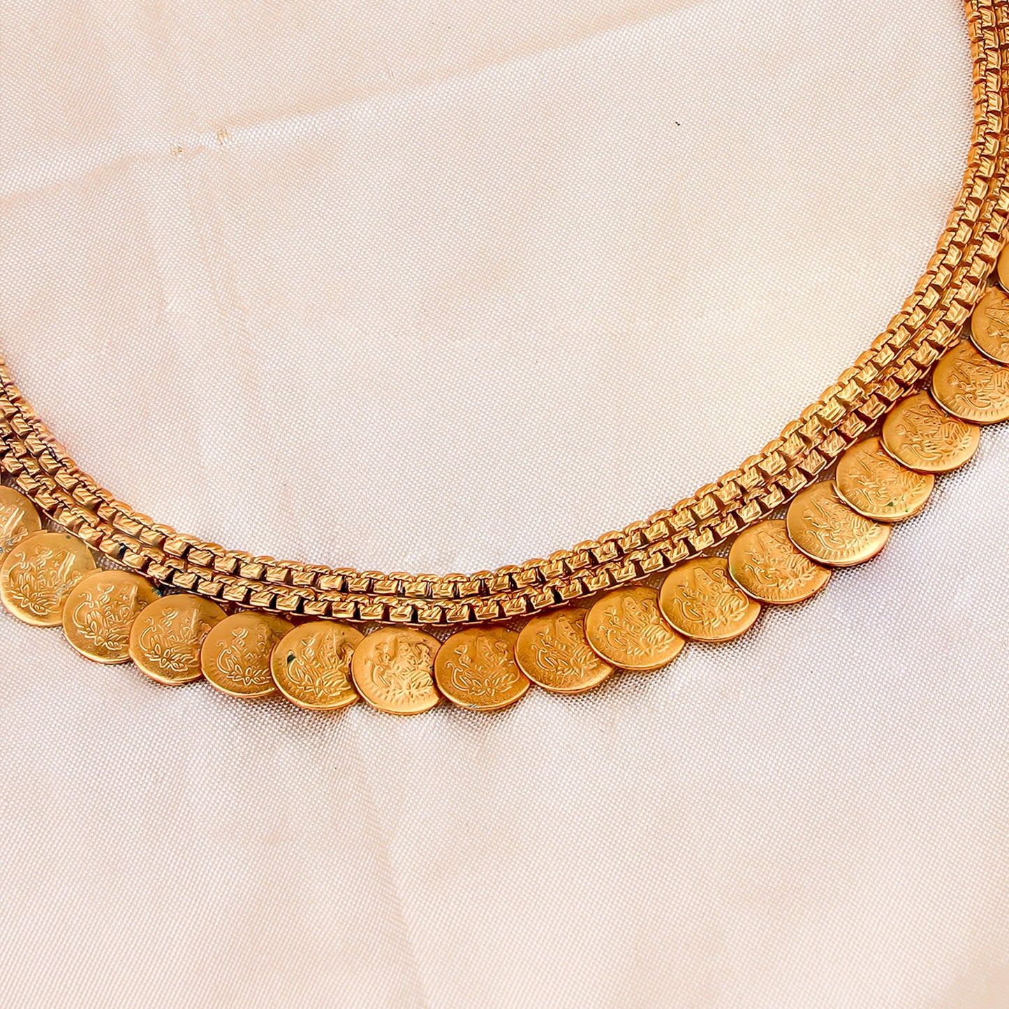 Golden Coin Haram / Long Necklace Set with Temple Motif Earrings