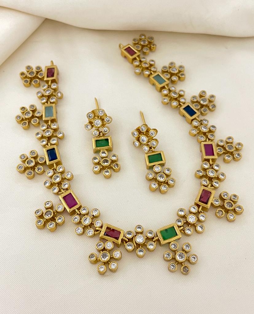 Sparsh Navaratna Matt Plated Necklace with pair of Stud Earrings
