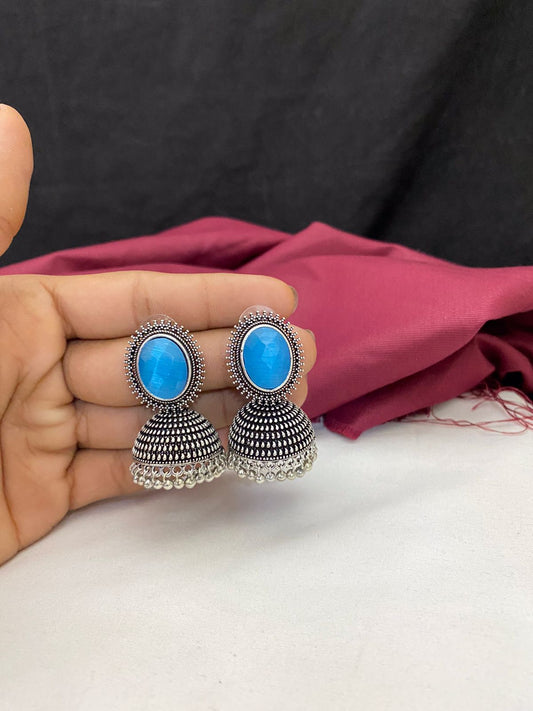 Sparsh Stunning Light Blue Oxidised Jhumka Earrings