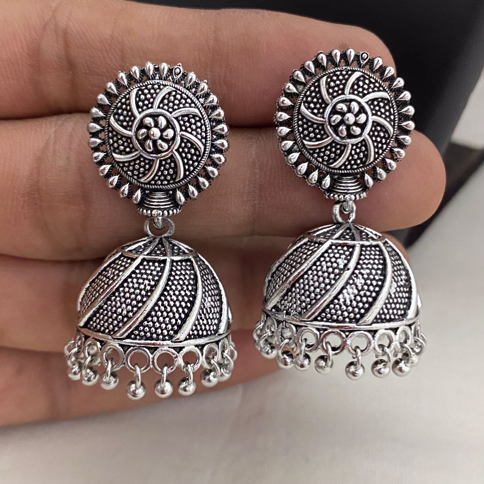 Sparsh Silver Plated Oxidised Jhumka Earrings
