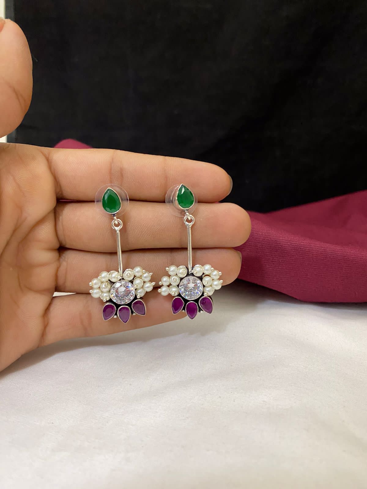 Sparsh "Red & Green Hanging Earrings with Moti Accents"