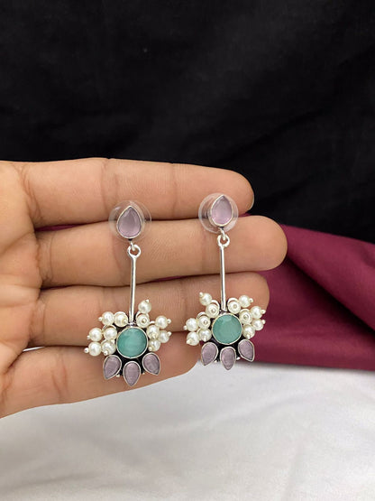 Sparsh "Mint Dream and Blush Blossom Hanging Earrings With Moti"