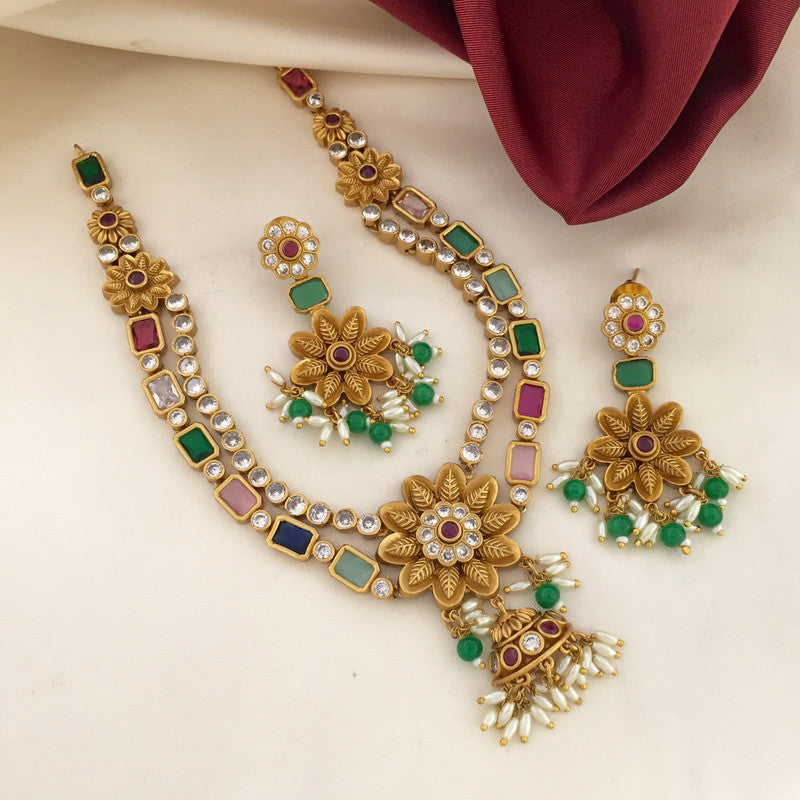 Navaratna Stones Doube Line Multicolour Necklace Set With Earrings