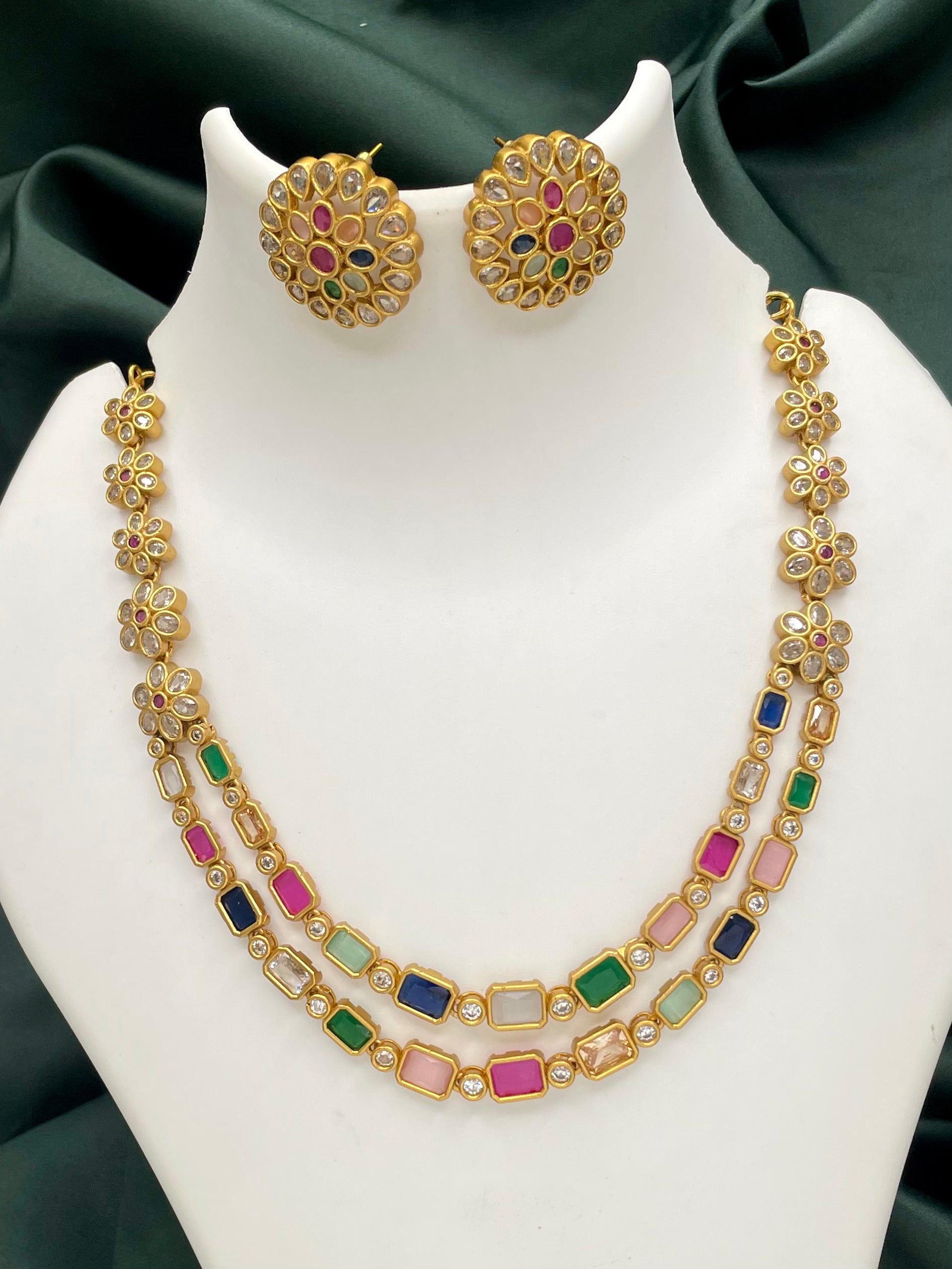Sparsh Navaratna Colours Flower Design Double Line Necklace with Stud Earrings