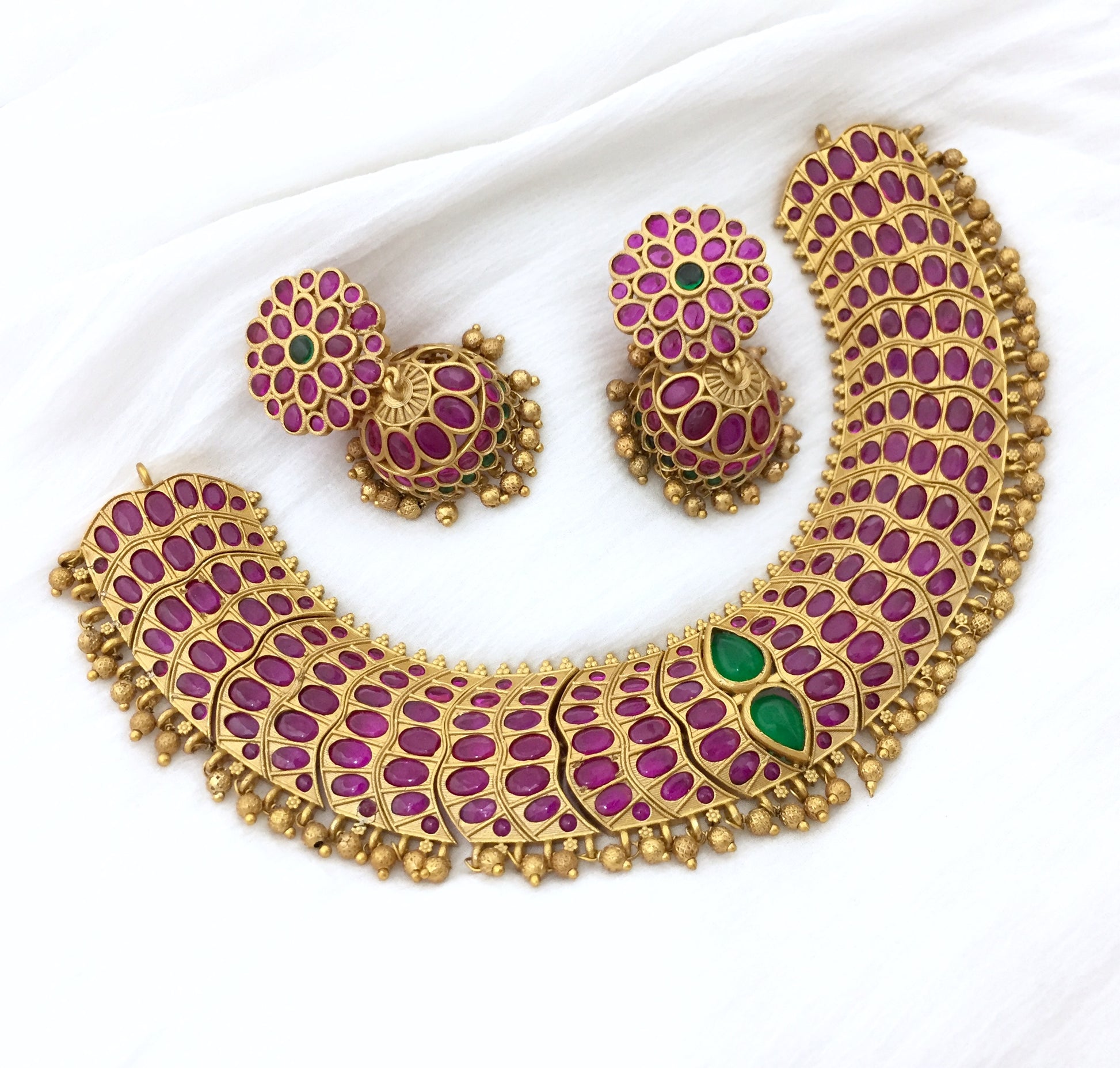 Sparsh Ruby Kemp Stone Necklace Set with Beautiful Jhumka Model Earrings