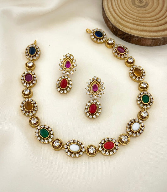 Sparsh Navaratna Colour Round Stone Design Neckalce with Earrings