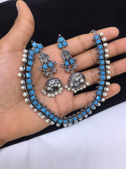 Sparsh "Silver Finish Blue Necklace With Hanging Earrings"