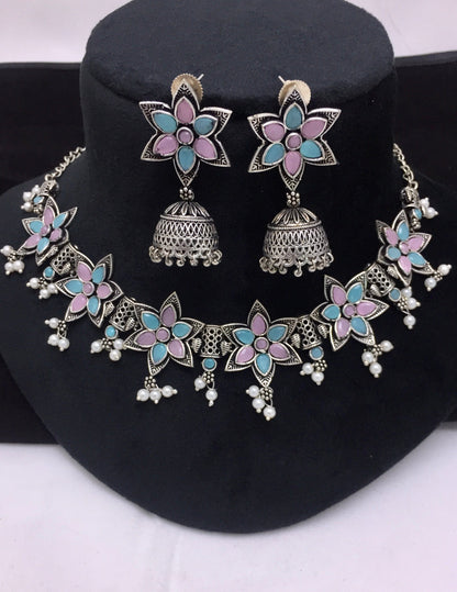 Sparsh "Oxidized Necklace with Soft Pink and Mint Green Floral Motifs"