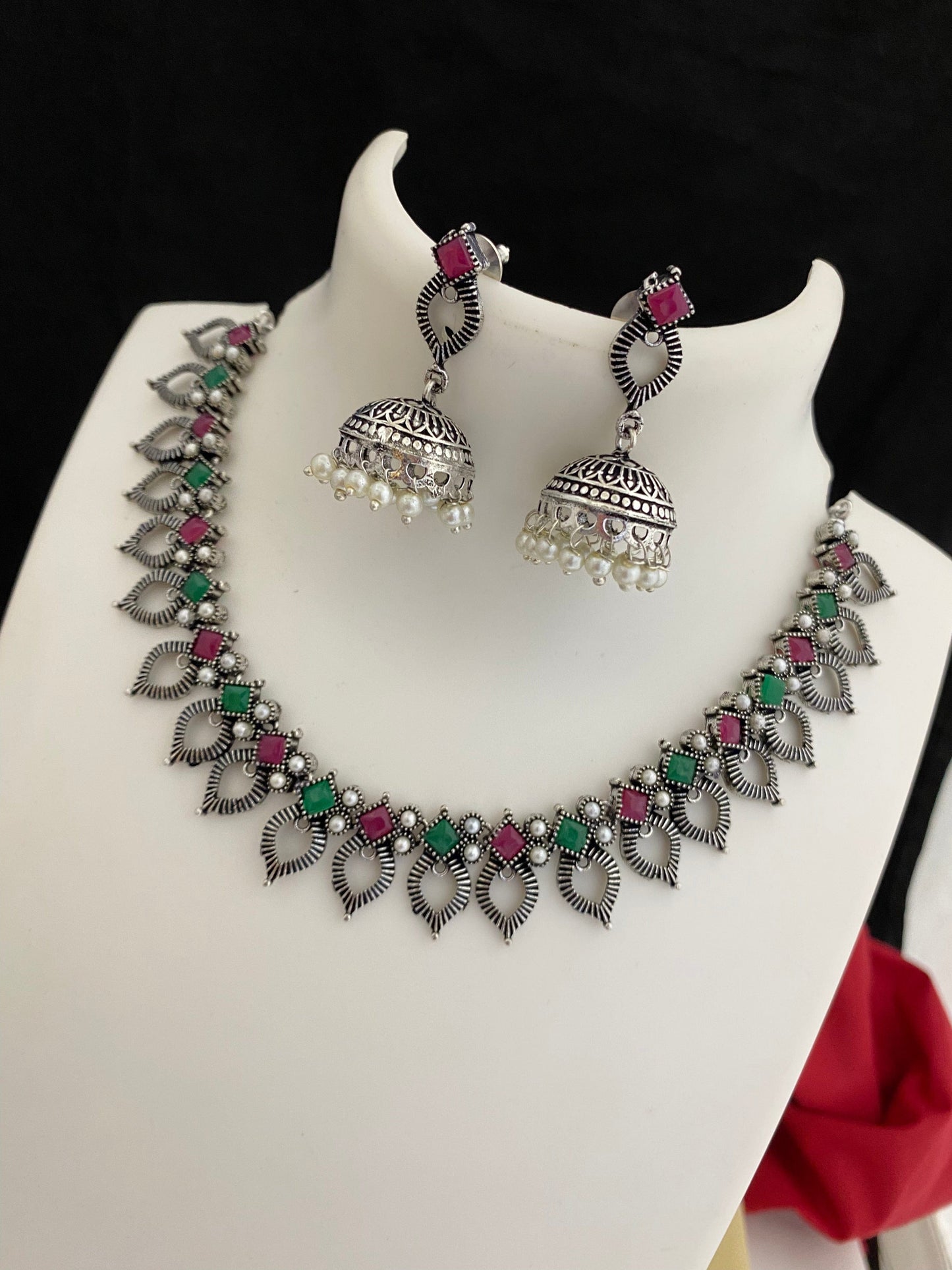 Sparsh Harmony's Enchantment: Oxidized Red & Green Necklace for Nature's Beauty
