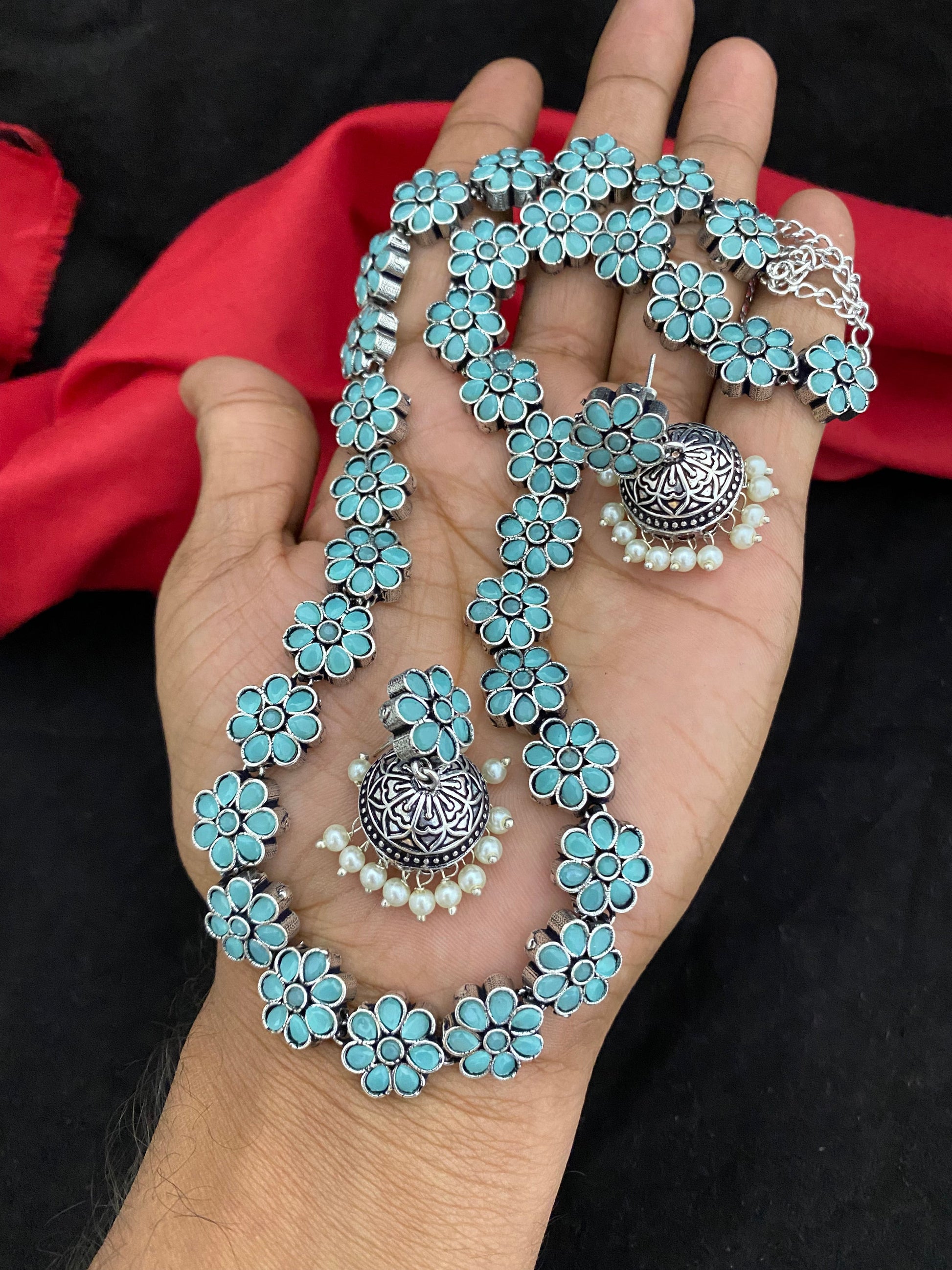 Sparsh Turquoise Blue Haram with Jhumka Earrings