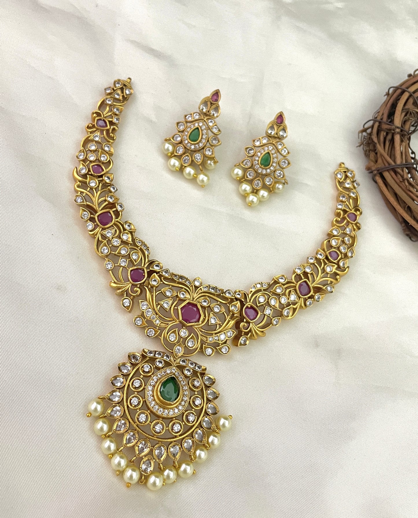 Sparsh Matt Temple Design AD Stones Necklace with Earrings