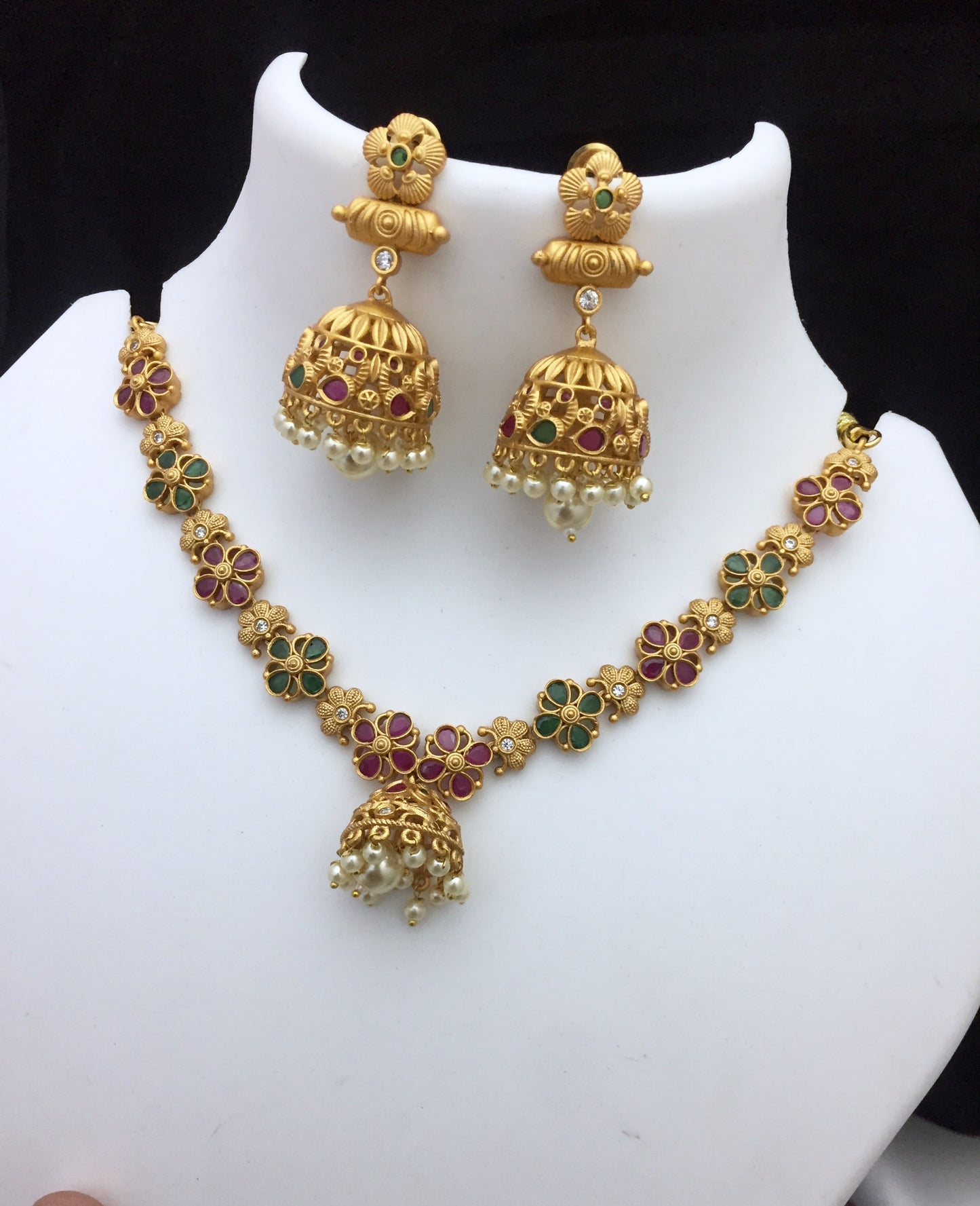 Sparsh Kemp Flower Design Neckalce with Jhumka Earrings Ruby-Green