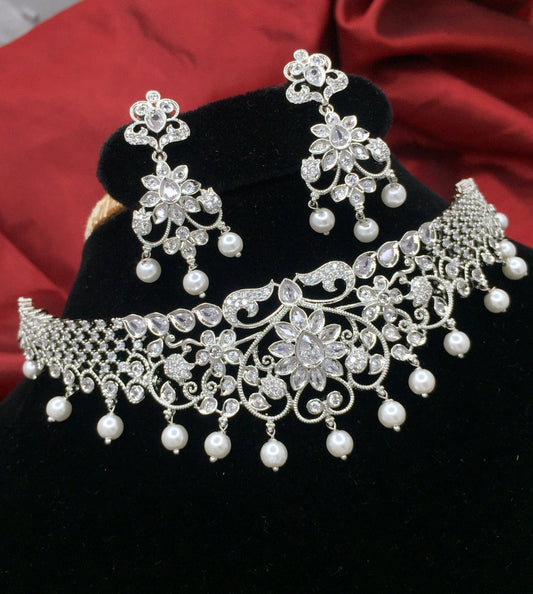 Sparsh AD Stones Silver Plated Choker Set with Earrings