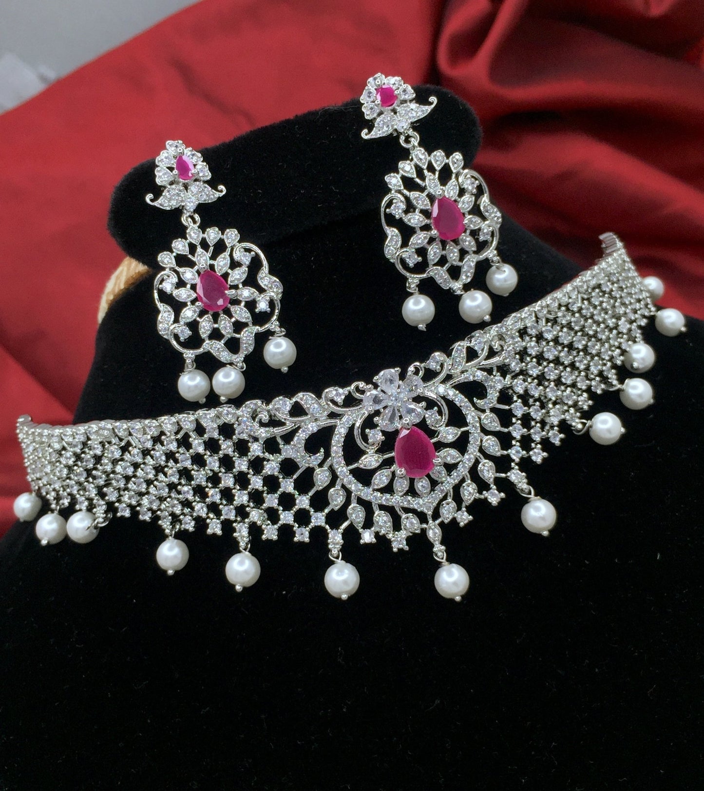 Sparsh AD Stones Silver Plated Ruby Stones Choker Set with Earrings