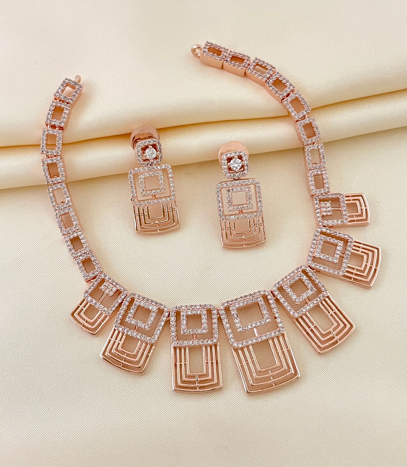 Sparsh Beautiful American Daimond Necklace with Fancy Earrings Rose Gold
