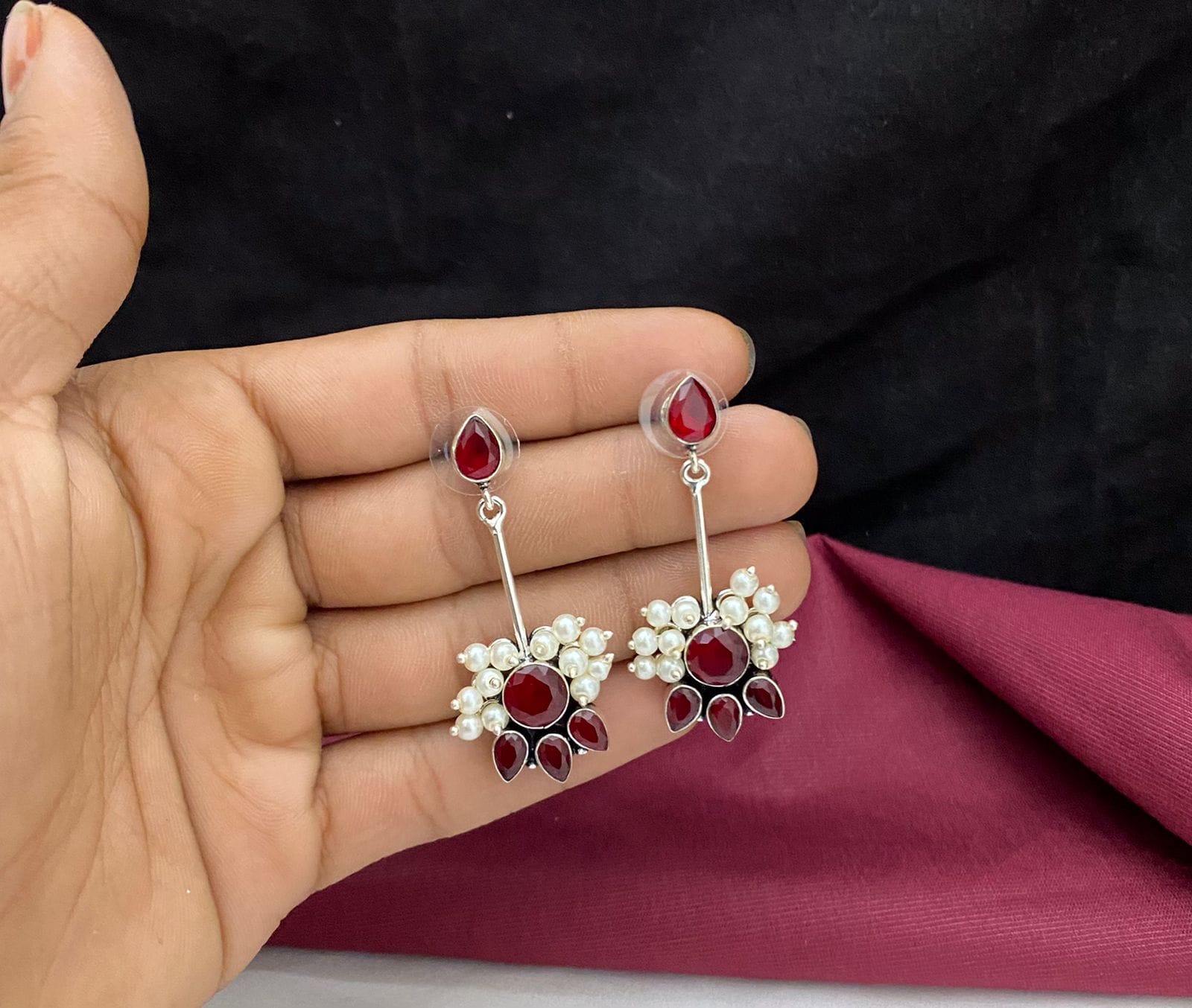Sparsh Red Hanging Earrings with Moti Embellishments