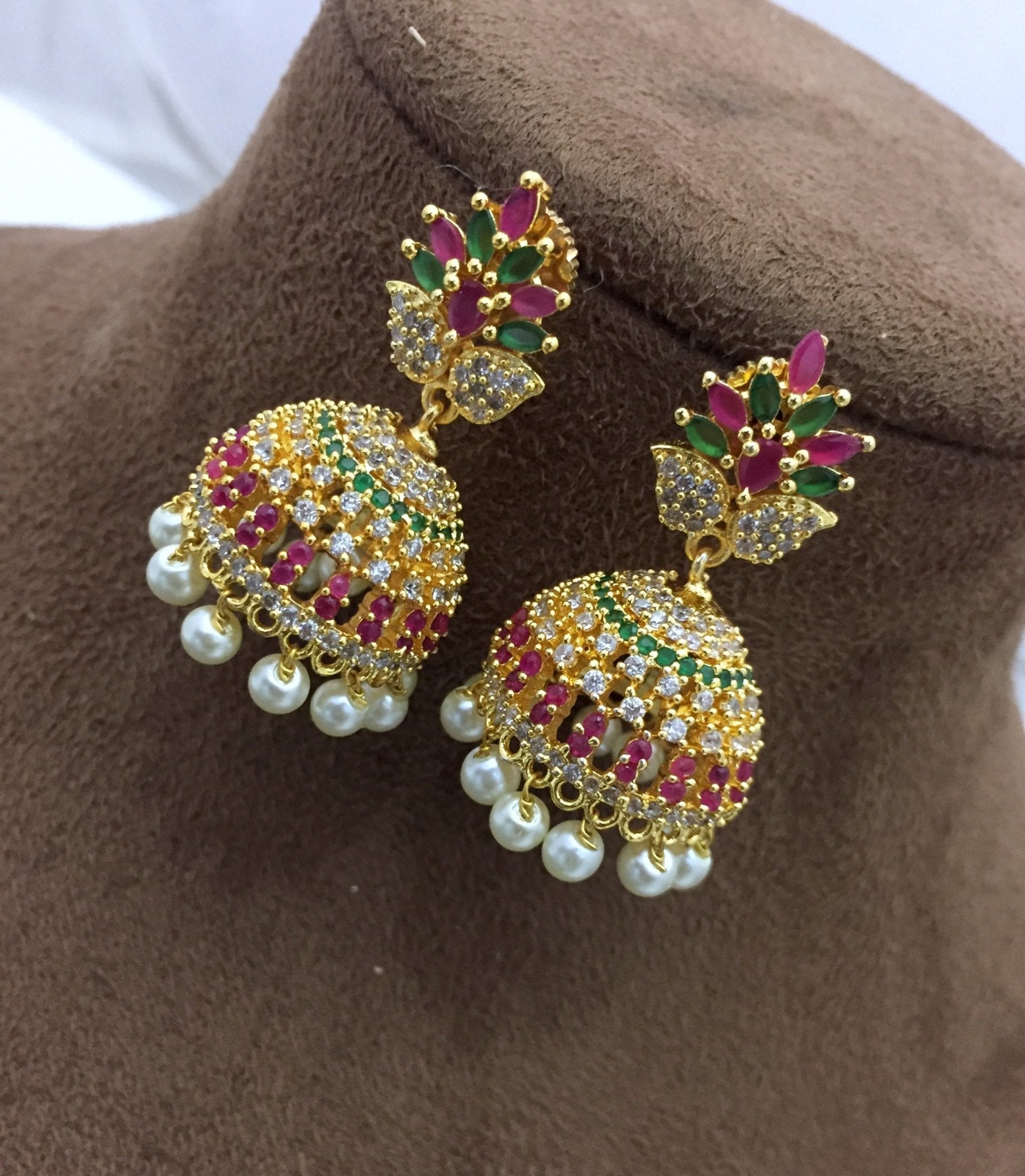 Gold Plated Pear Shape Stud Pink And White Color Cz Stones Jhumka Earring