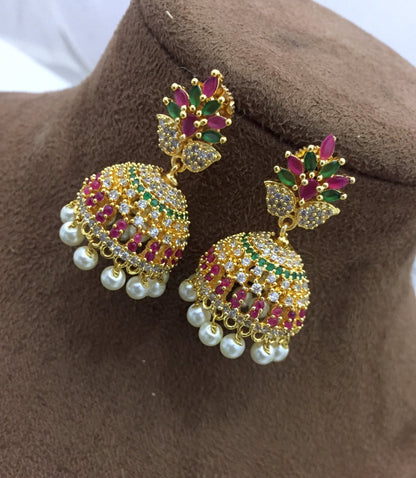 Sparsh CZ Stones Leaf Model Fashion Jewellery Jhumka Earrings Multicolour