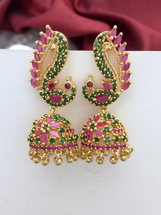 Sparsh CZ Stones Peacock Model Jewellery Jhumka Earrings Multicolour (Ruby & Green)