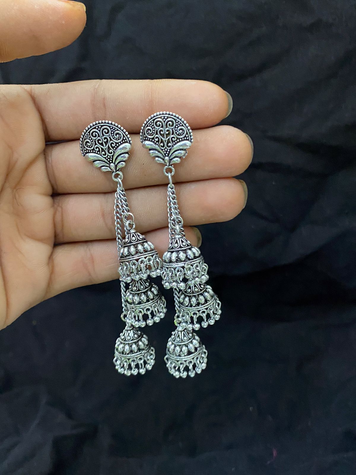 Sparsh Elegant Oxidized 3-Step Hanging Jhumki Earrings